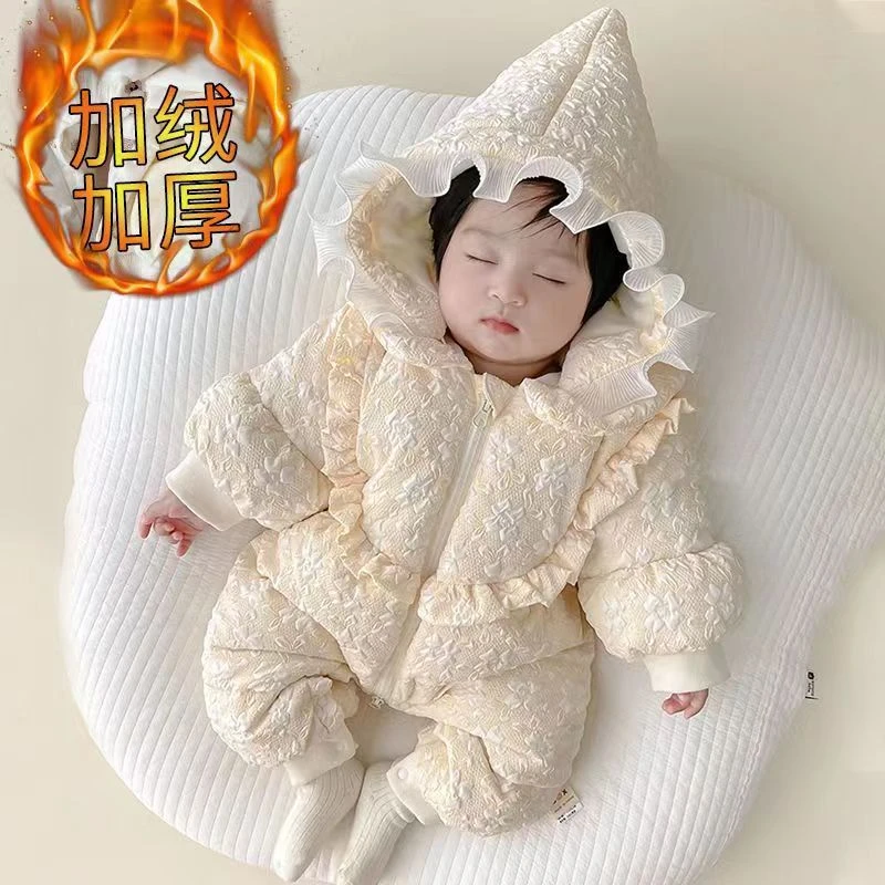 婴儿冬装棉服连体连帽新生儿女宝宝加绒加厚幼儿冬季洋气外出服