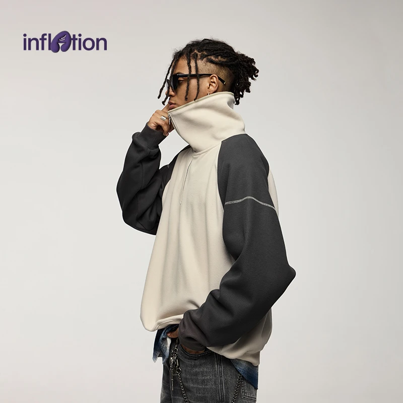 膨胀潮牌复古彩虹立领加绒卫衣2024秋冬潮牌插肩袖上衣男女同款