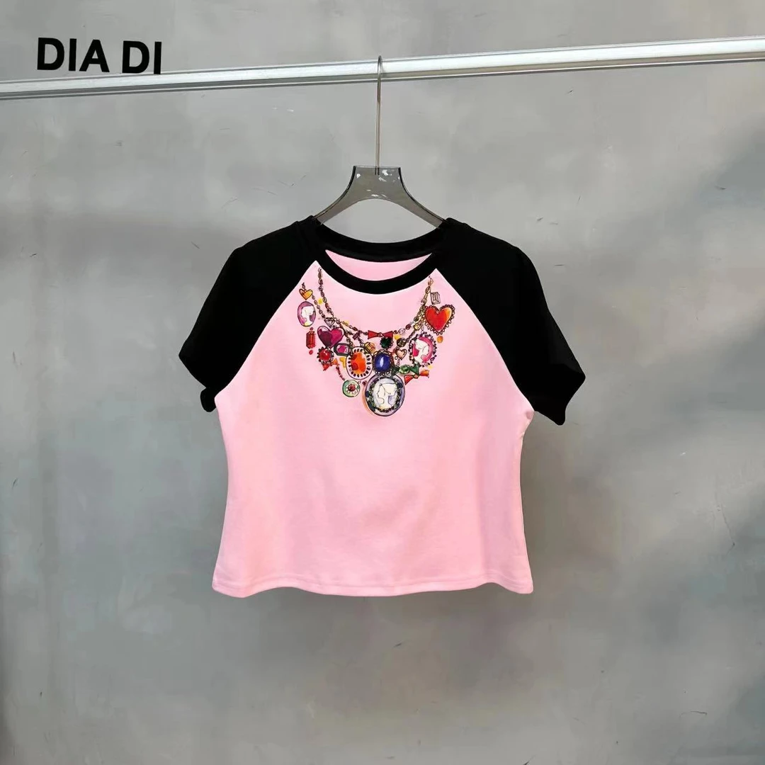 D STUDIO 拼色钻石印花粉黑T恤 D1125
