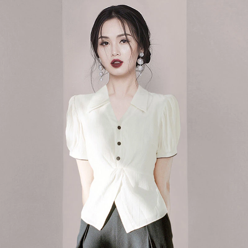 2024时尚通勤V领上衣小众别致女装法式洋气减龄气质轻奢衬衫女