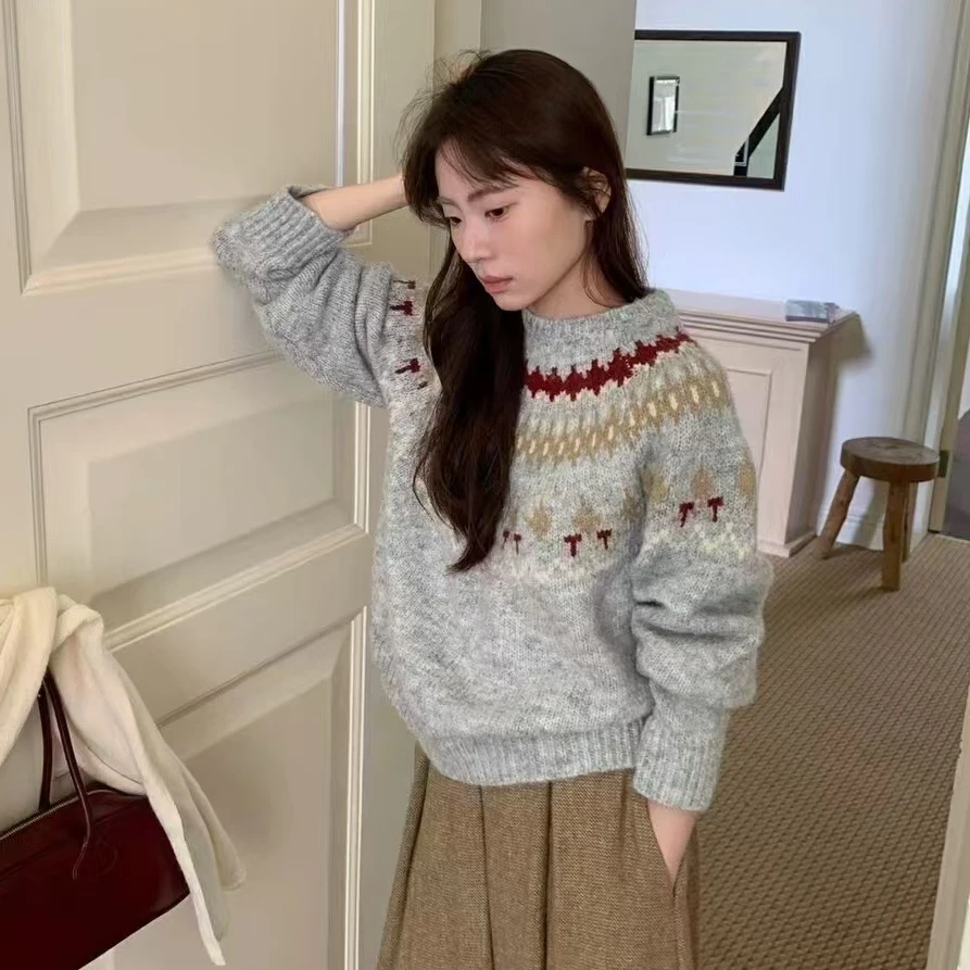 北欧风费尔岛复古蓝色提花毛衣女秋冬宽松慵懒针织外穿上衣