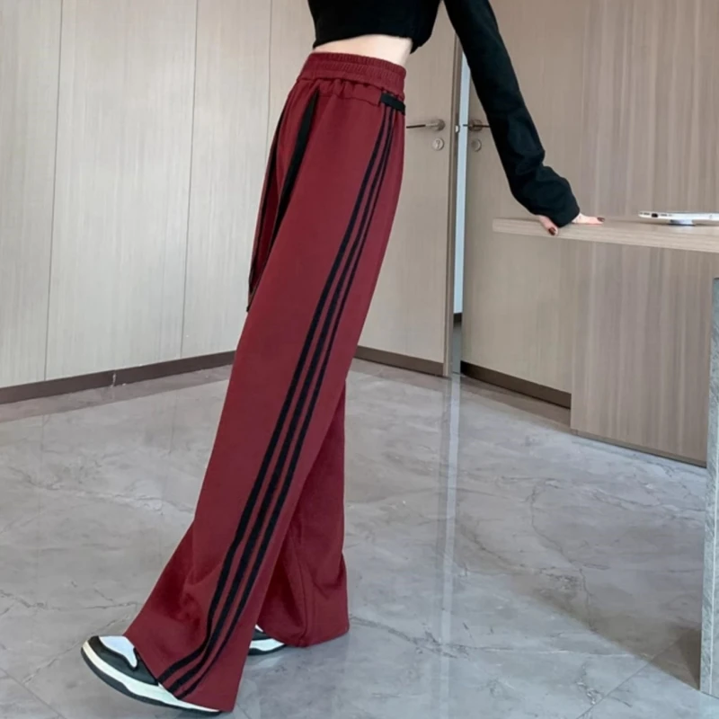 酒红色显瘦阔腿裤女2024秋冬新款加绒高腰百搭休闲运动洋气阔腿裤