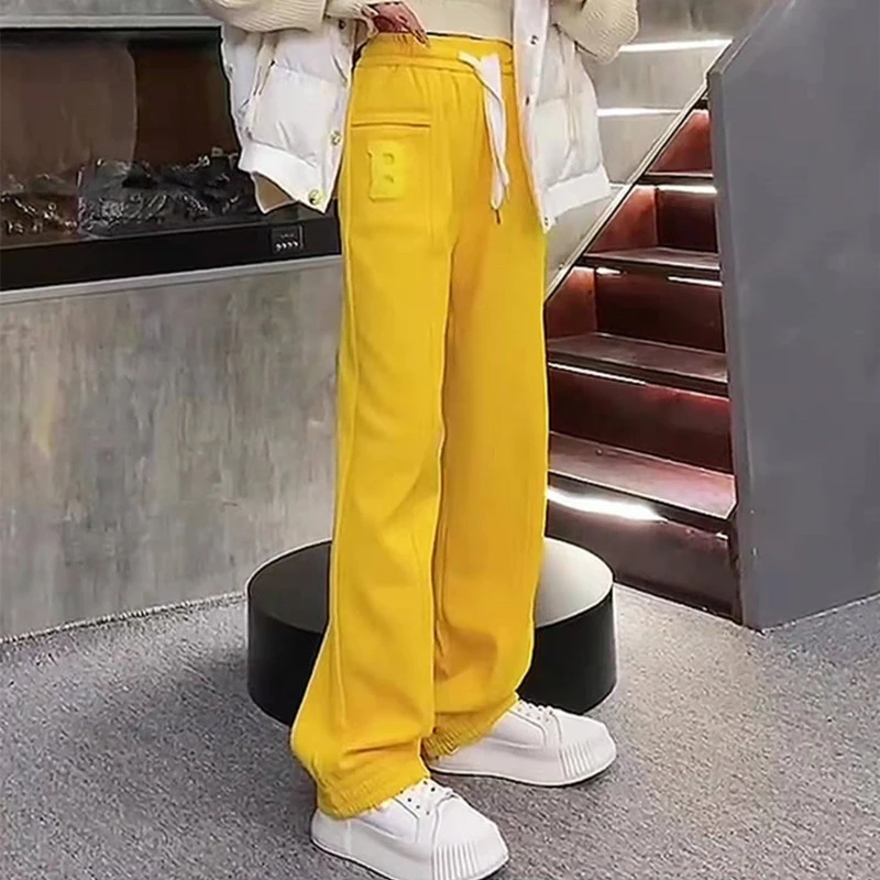 黄色裤子阔腿休闲裤女2024春秋新款加绒宽松2025炸街潮款裤子女