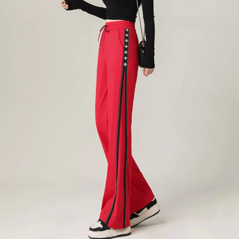开叉织带红色运动裤女2024秋冬季广场舞服装加绒休闲阔腿裤直筒裤