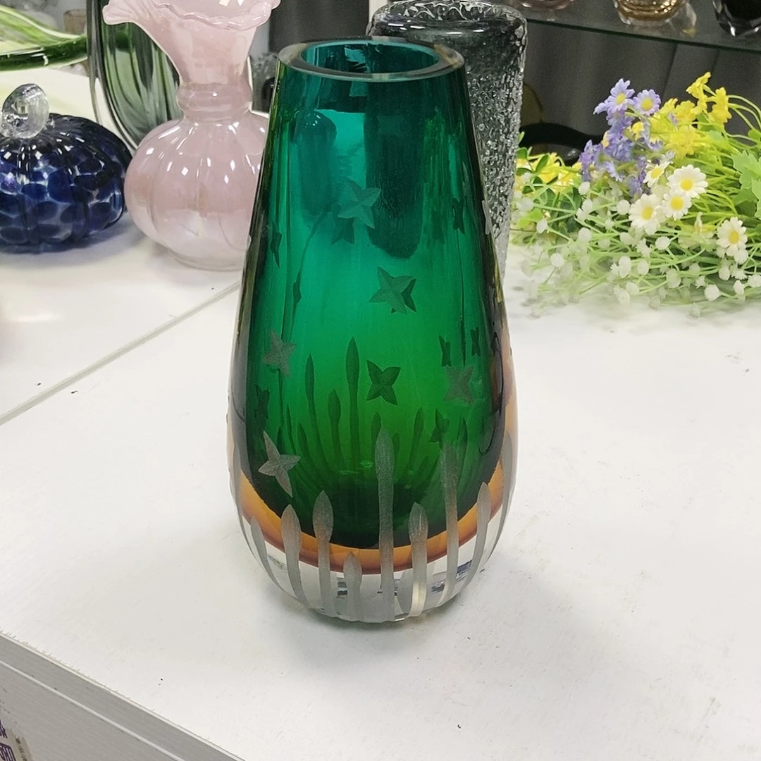 磨刻绿琉璃花瓶摆件家居重影花瓶25