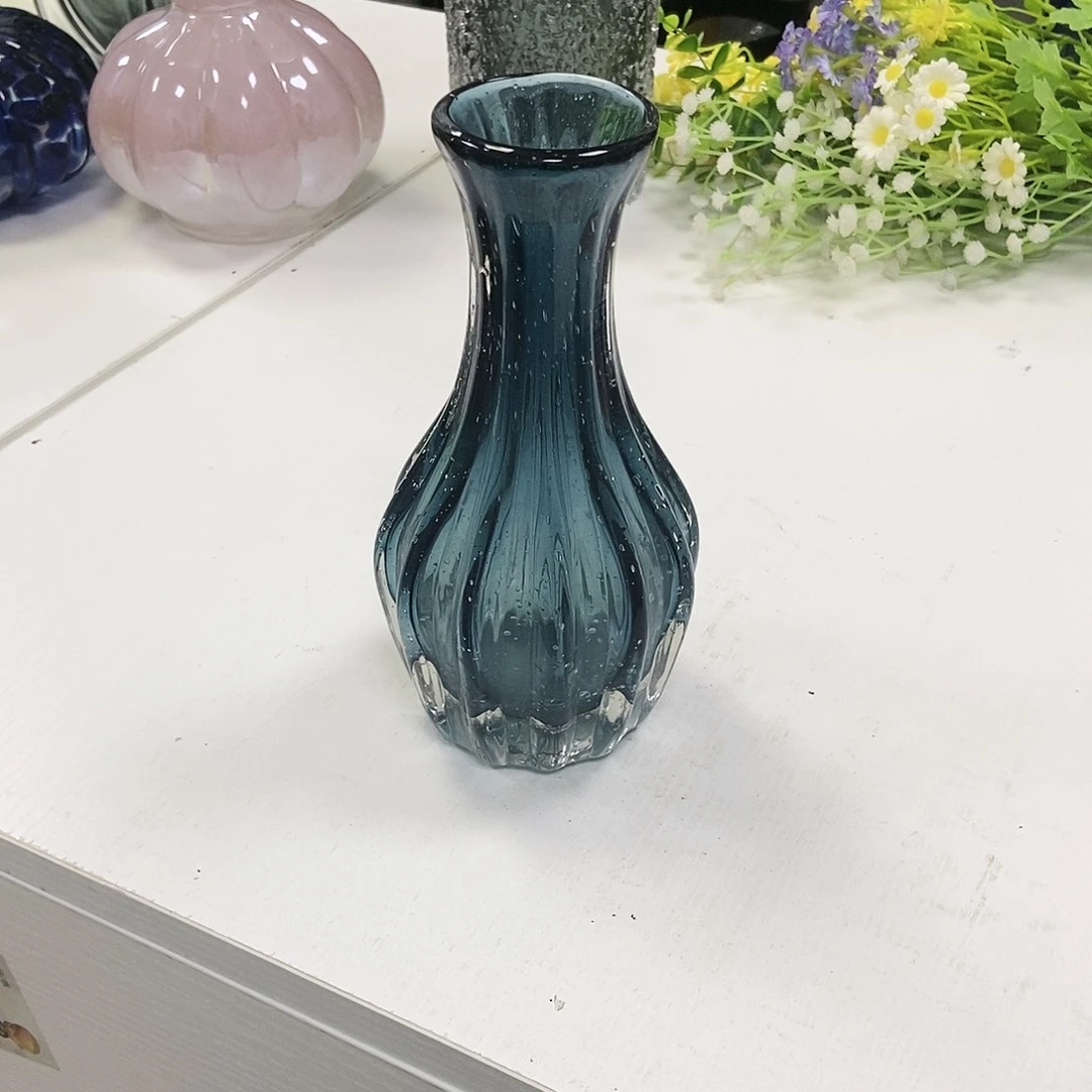 蓝色琉璃气泡花瓶摆件家居高20
