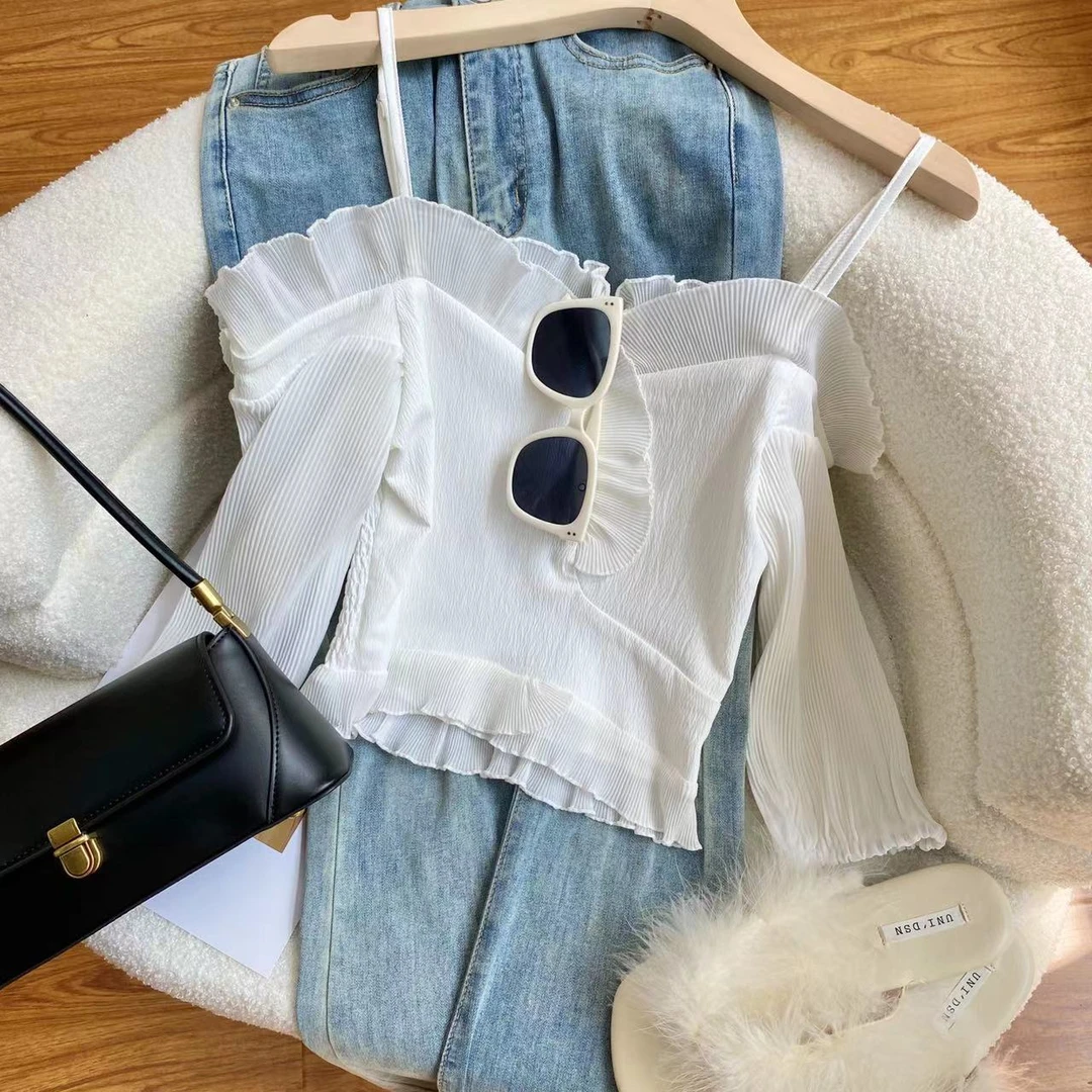 007 【百褶袖】一字肩上衣