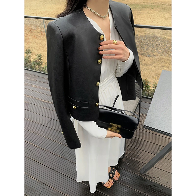黑色圆领皮衣外套女春季高级感宽松小个子气质机车服短款夹克上衣