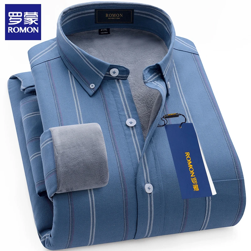 罗蒙秋冬季男士保暖衬衫男款加绒加厚衬衣商务休闲中青年爸爸上装