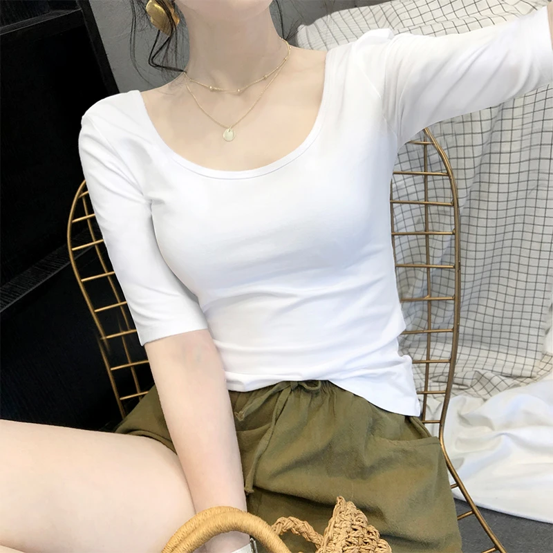 中袖白色t恤女低领紧身上衣u领棉质打底衫大领口春秋露背五分袖潮
