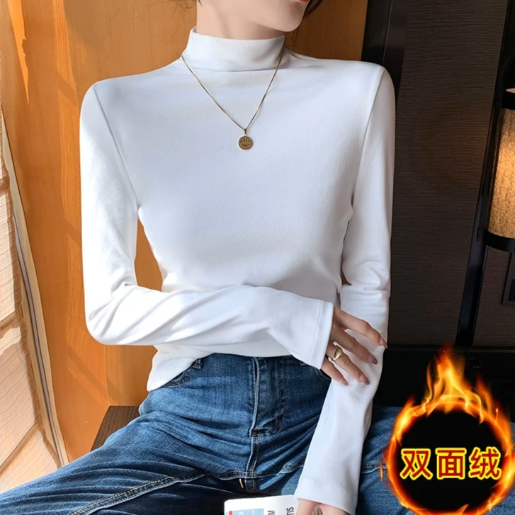 中高领双面绒打底衫女内搭新款加绒加厚上衣长袖t恤修身冬季白t恤