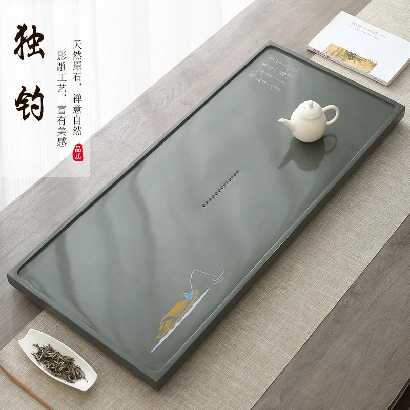 石间说天然天罗绿茶盘高端茶台干泡影雕工艺石茶盘大气家用独钓