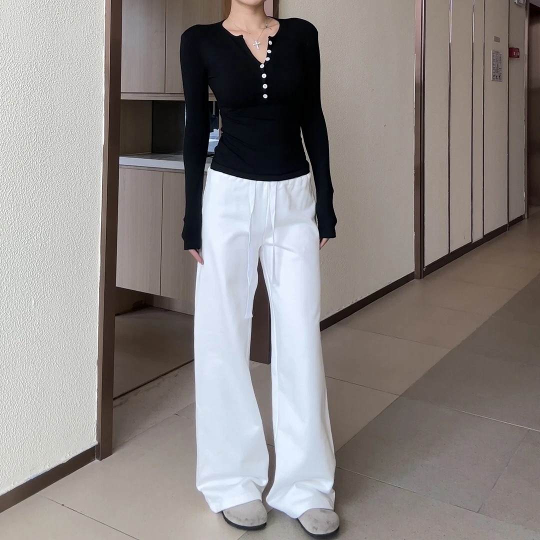 【部分现】毛边四合扣抽绳宽松阔腿直筒休闲裤2024新款长裤Q244050