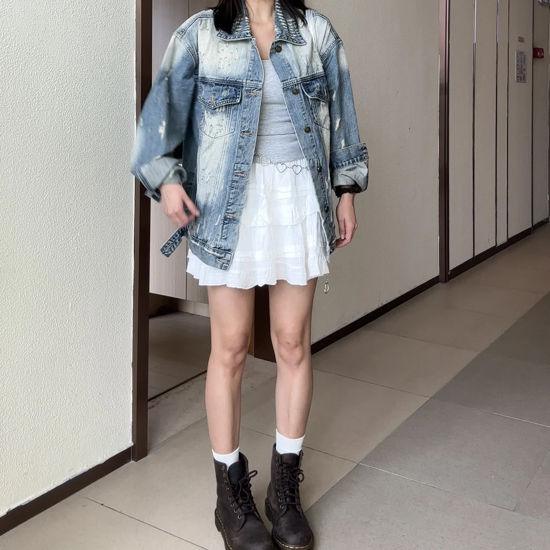 【售完不补】做旧磨破牛仔外套宽松上衣女2024早秋复古上衣Q245002