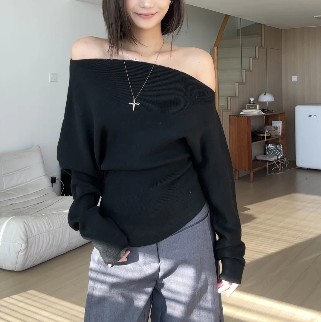 【部分现】斜肩设计感下摆开叉蝙蝠袖针织衫新款慵懒设计感上衣M922
