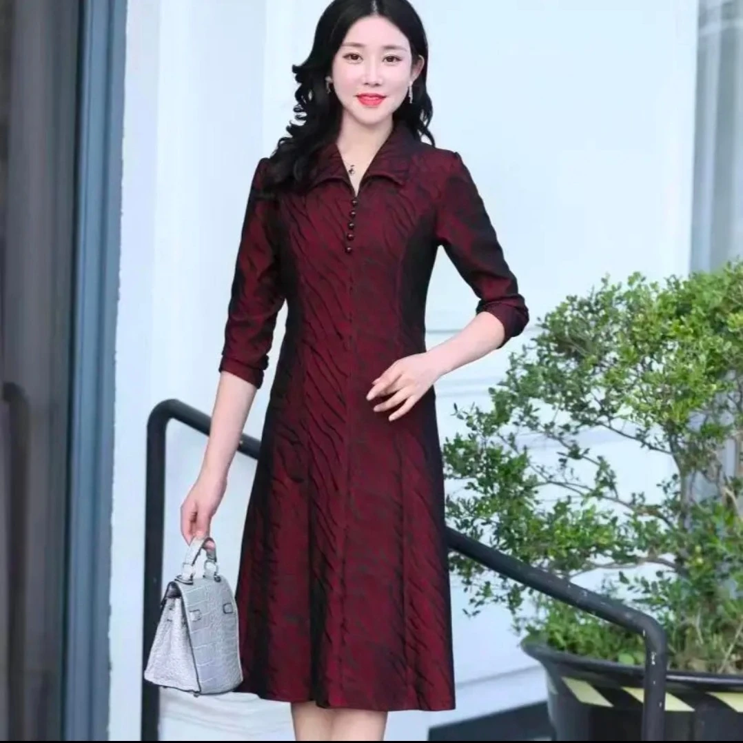 176秋季红色衬衫领连衣裙女新款时尚气质中年妈妈装洋气减龄裙子