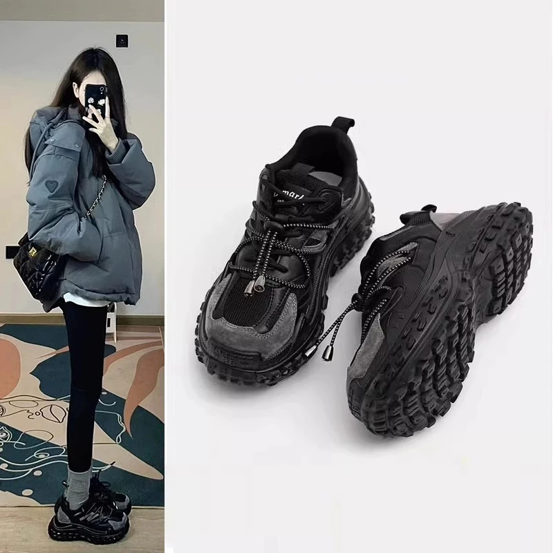 啄木鸟黑色老爹鞋女2024新款秋季增高厚底休闲运动鞋子复古登山鞋