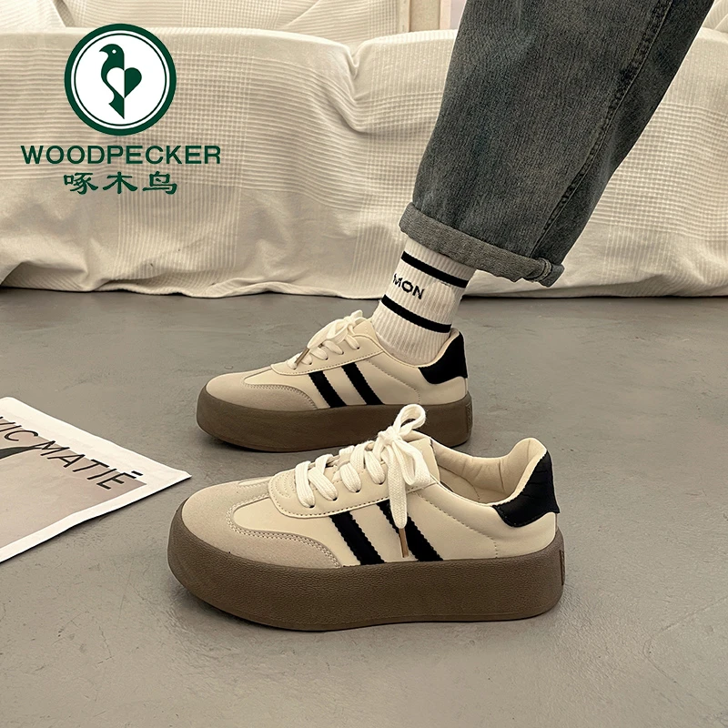 啄木鸟爆款厚底小白鞋女百搭复古德训板鞋2024新款春秋休闲运动鞋