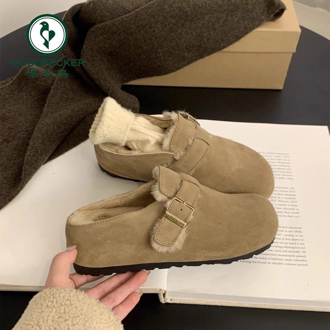 啄木鸟内增高勃肯鞋女冬季加绒包头棉拖鞋2024新款厚底半拖毛毛鞋