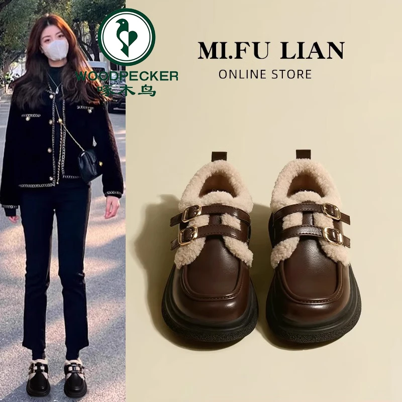 啄木鸟复古加绒小皮鞋女2025新款秋冬季保暖棉鞋厚底乐福鞋毛毛鞋
