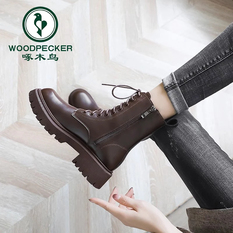 啄木鸟马丁靴女2025新款春秋单靴英伦风靴子棕色厚底冬季加绒短靴