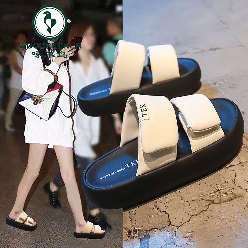 啄木鸟网红厚底拖鞋女夏外穿2025新款魔术贴松糕一字拖爆款沙滩鞋