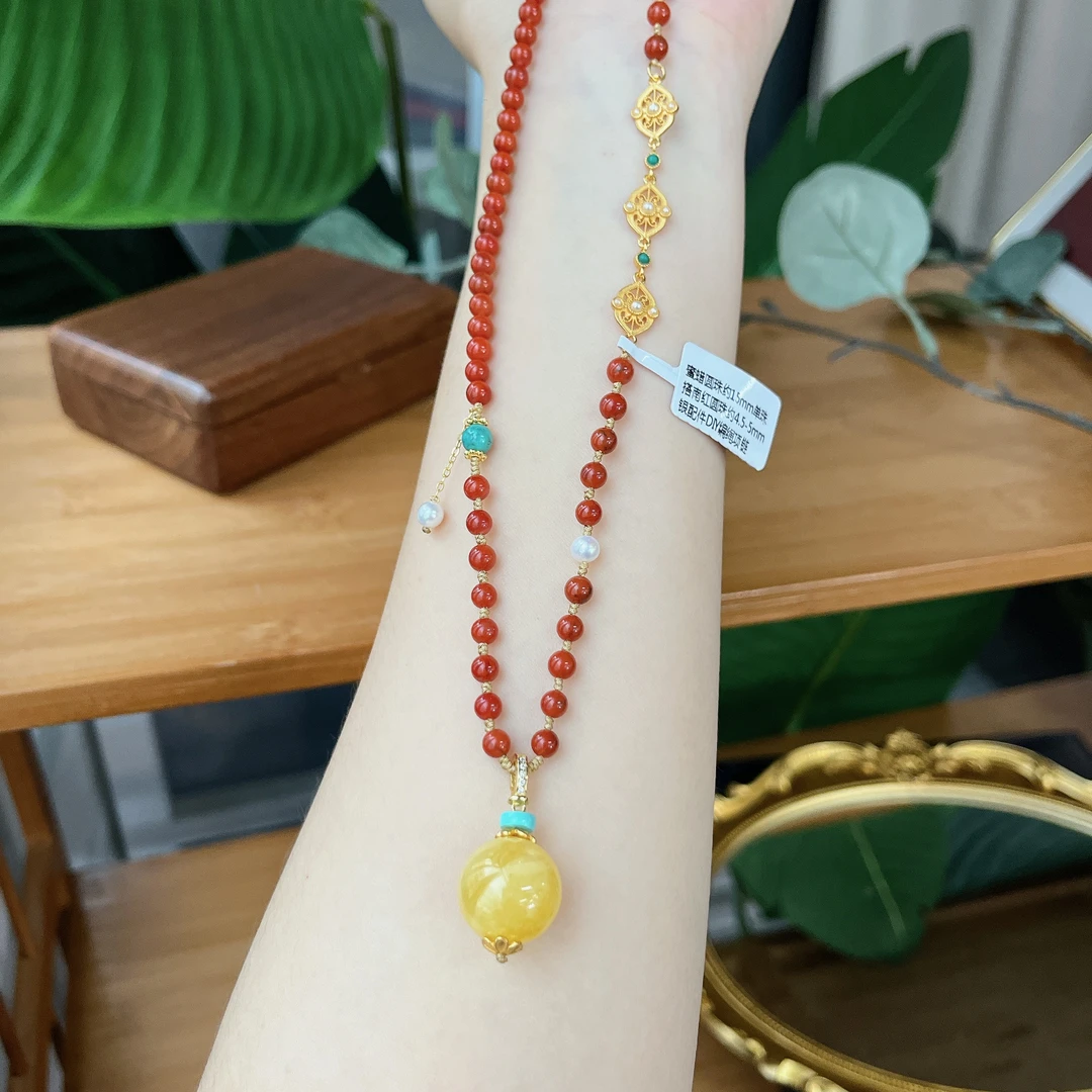 【珠宝厂长】约15mm蜜蜡圆珠搭约4.5mm南红圆珠DIY项链