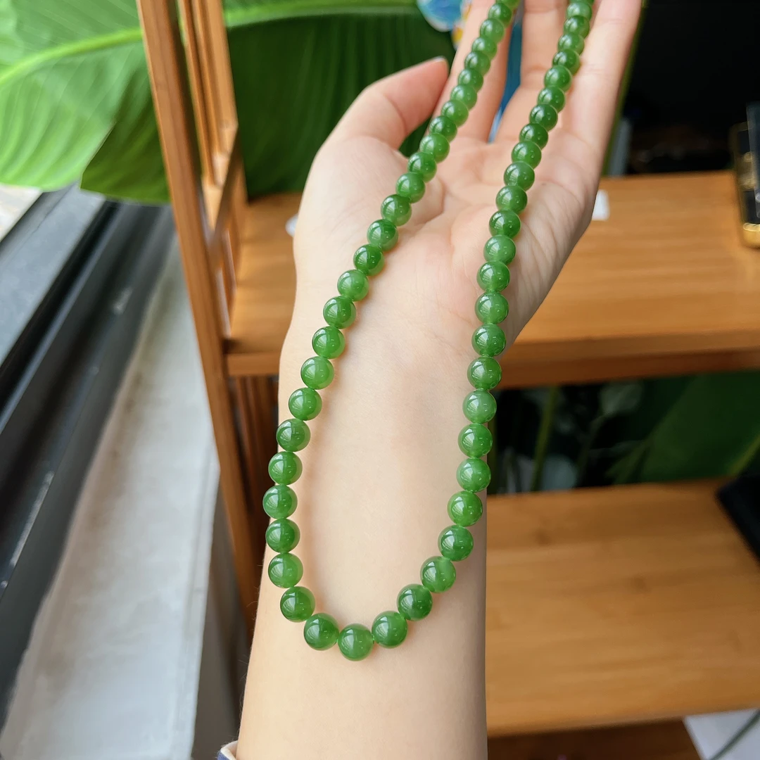 【珠宝厂长】约8mm高品质俄料碧玉辣绿色圆珠项链妈妈链