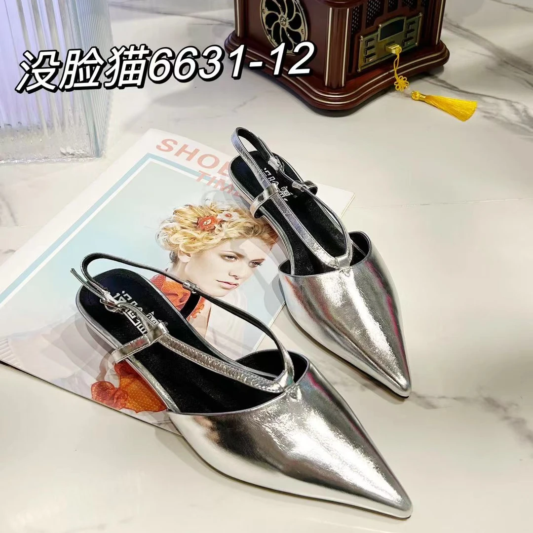 没脸猫2024女士百搭细跟尖头时尚气质低跟夏季时装凉鞋6631-12