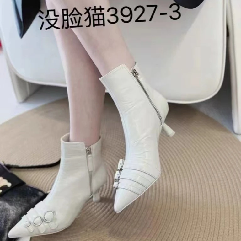 没脸猫秋冬时尚气质真皮高跟尖头百搭细跟单里靴子3927-3