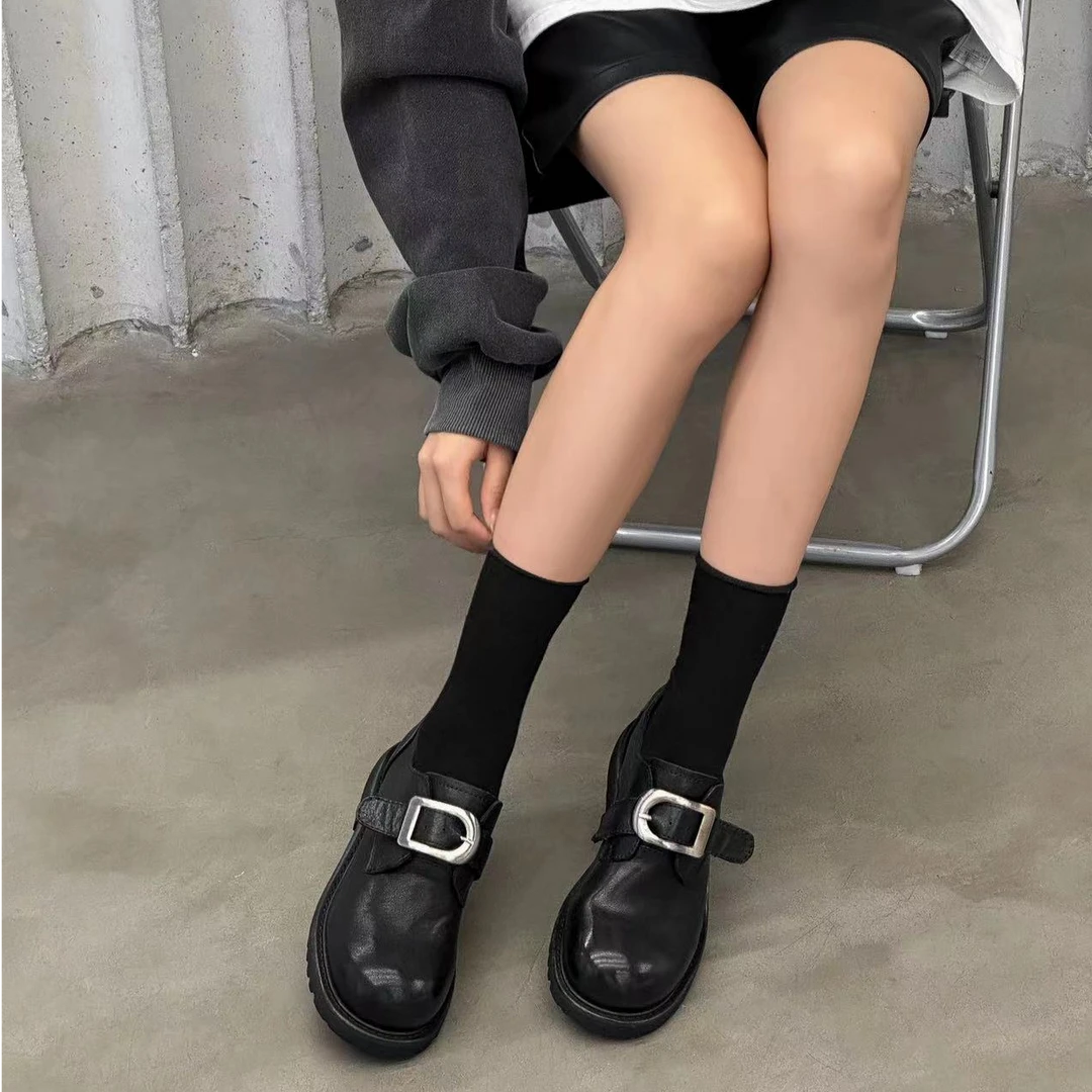 YUNANNA/雲安娜秋冬休闲百搭复古黑色时尚真皮圆头乐福鞋024-13