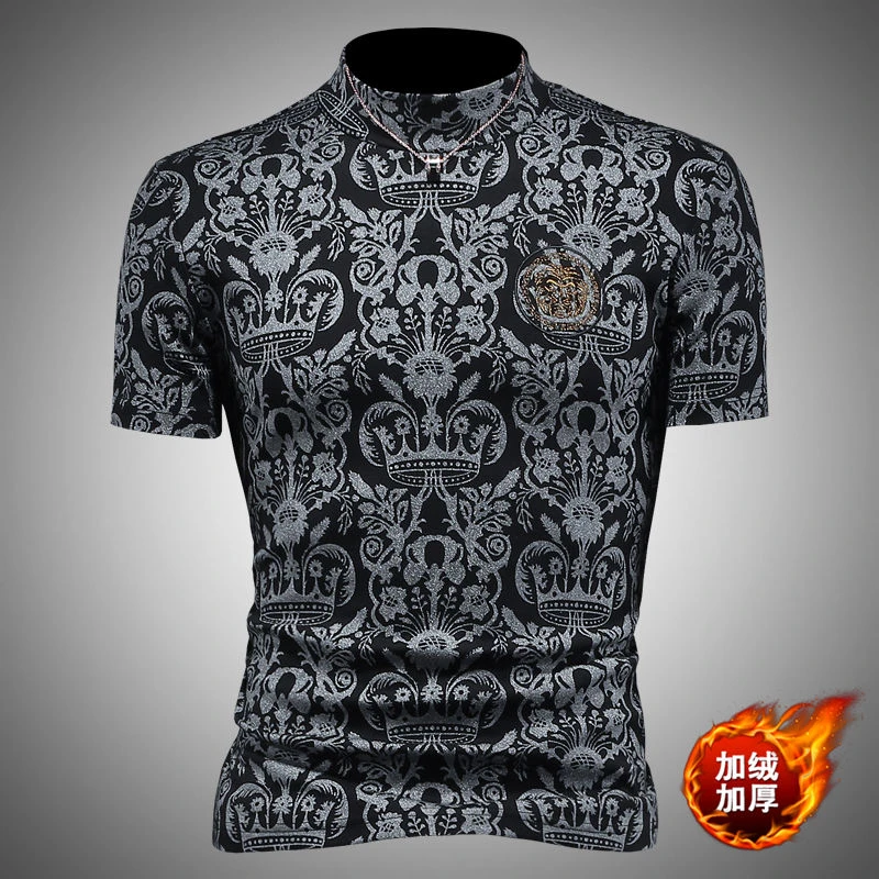 个性复古印花秋冬T恤男士半高领高档帅气加厚薄绒短袖中领T打底衫