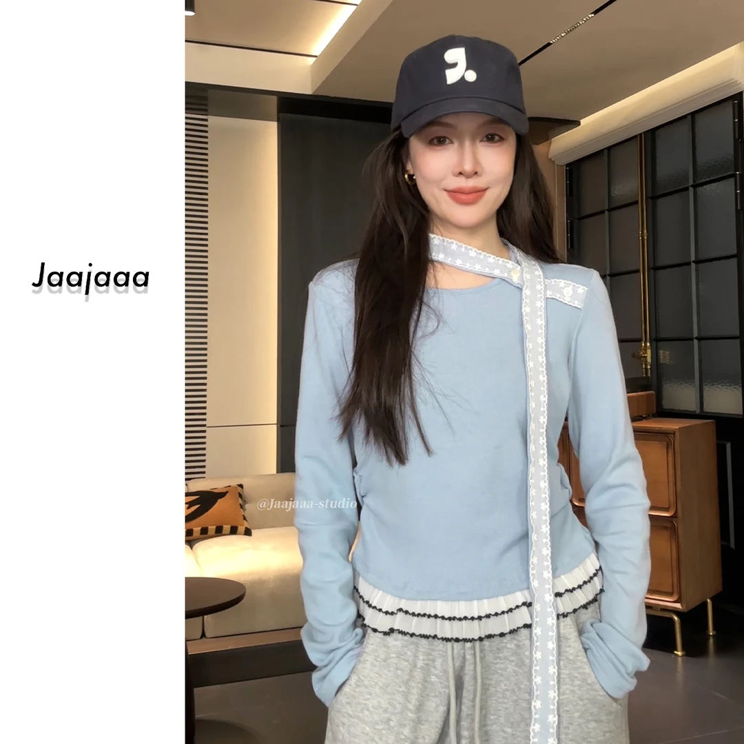 Jaajaaa冬日北海道 设计拼接花边上衣打底/ECEF