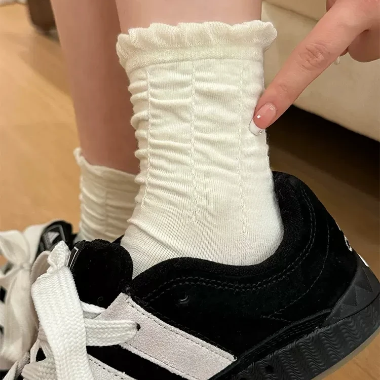 白色堆堆袜子女春秋款ins潮小众日系纯棉褶皱花边中筒袜夏季薄款