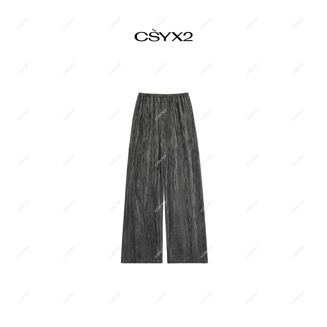 CsyX2-2025A/W秋冬丝绒褶皱松紧腰慵懒咖棕松弛休闲长裤K20776