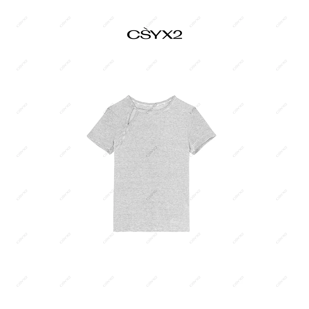 CsyX2-2025F/W简约镂空不对称松弛设计感短袖条纹T恤S11067