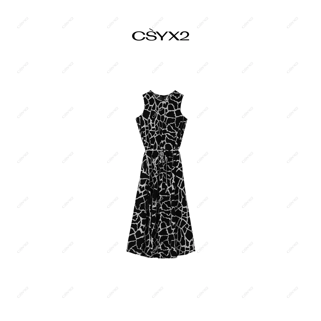 CsyX2-2025F/W精致气质几何黑白花纹奶牛绑带无袖连衣裙D40738