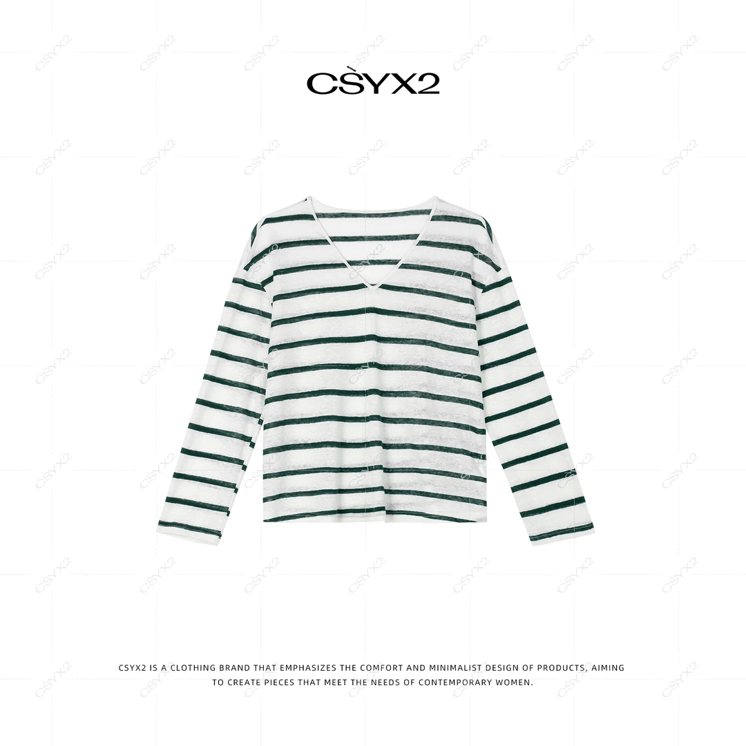 CsyX2-2025S/S早秋新款高级亚麻时尚百搭条纹V领套头T恤S11017
