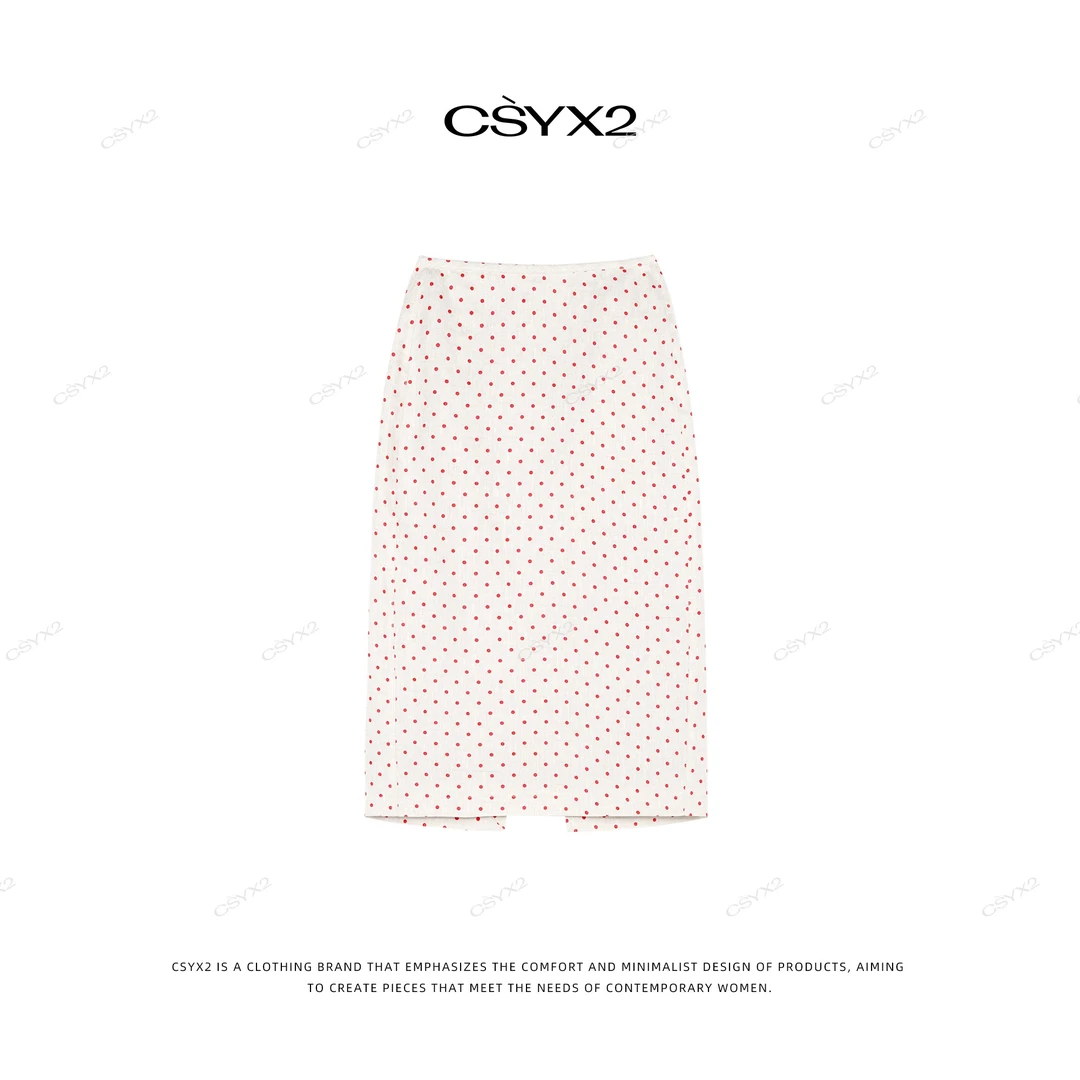 CsyX2-2025S/S早春新款100亚麻红波点显瘦包臀打底半身裙D40682