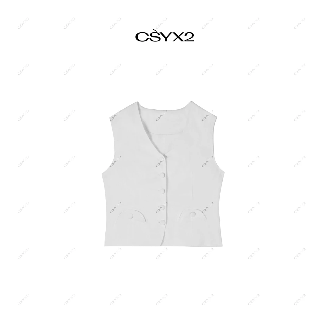 CsyX2-2024秋冬夏日新款时尚减龄V领中式无袖拱门马甲S11030-白