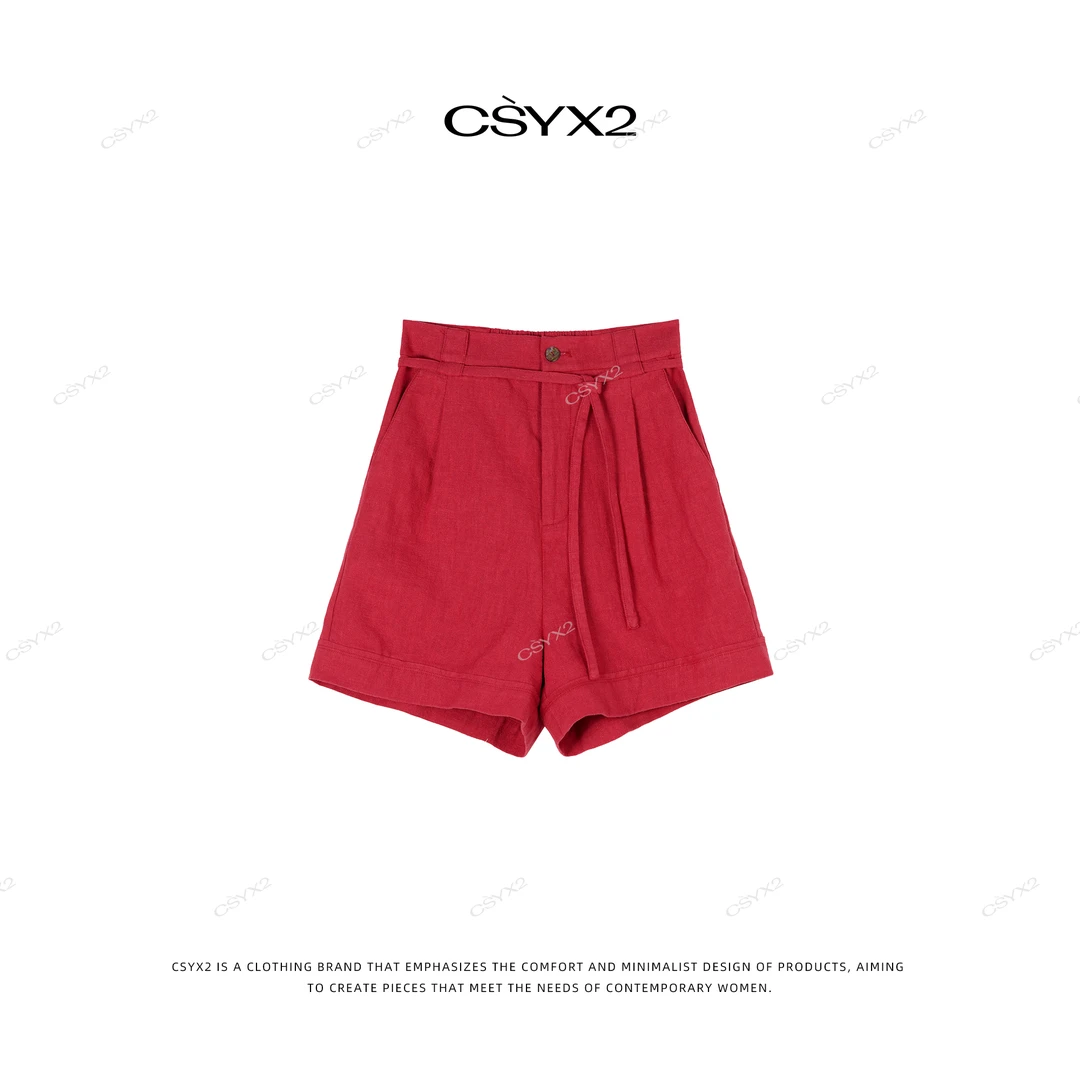CsyX2-2024SSA字紧身亚麻休闲显瘦胭脂红侧拉链短裤K20702