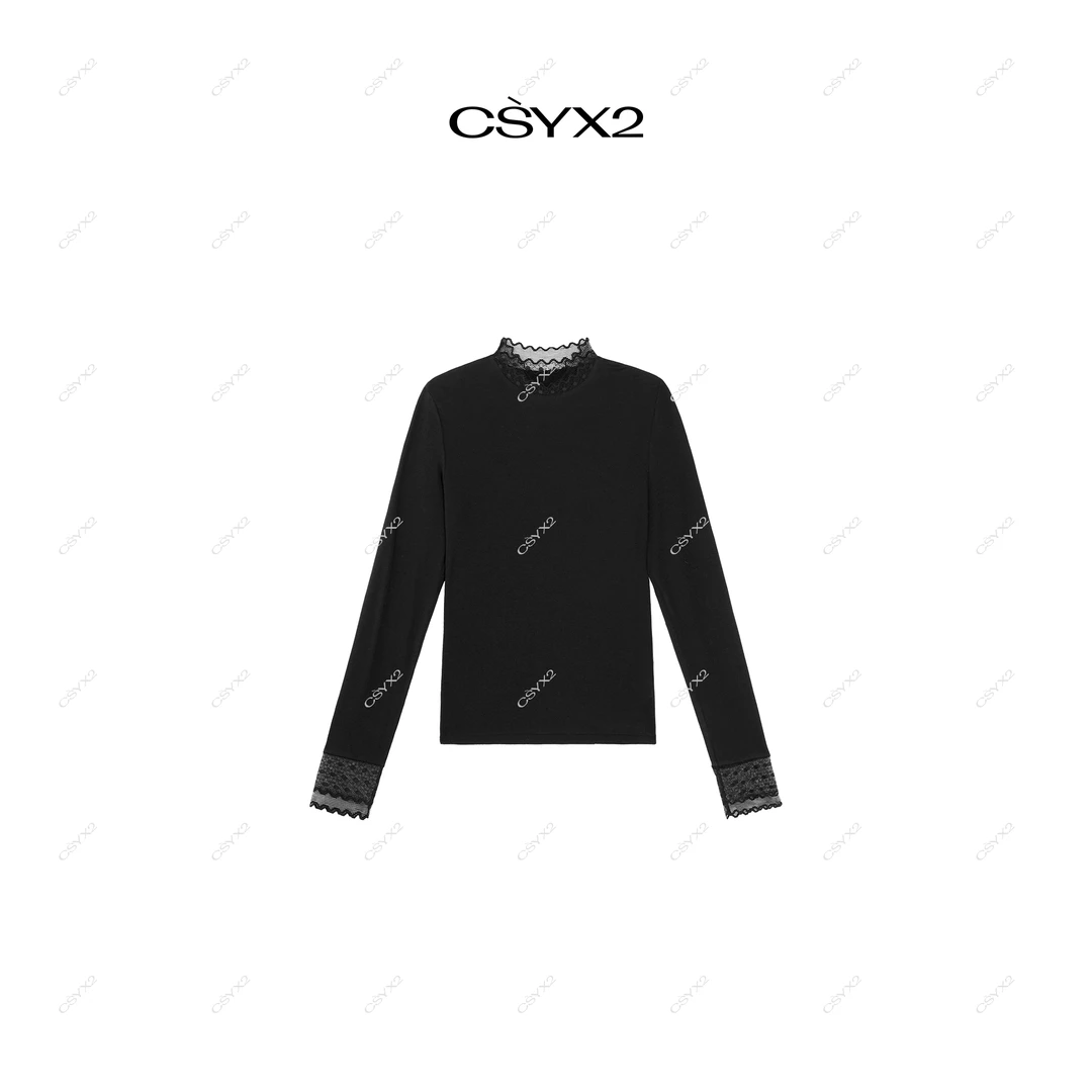 CsyX2-2025莱赛尔蕾丝领口袖口拼接蕾丝百搭优雅百搭长袖S11125