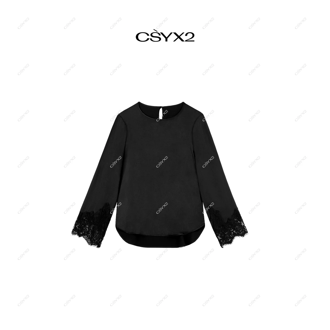 CsyX2-2025S/S夏季新款100真丝冰感拼接蕾丝袖设计衬衫上衣S10842