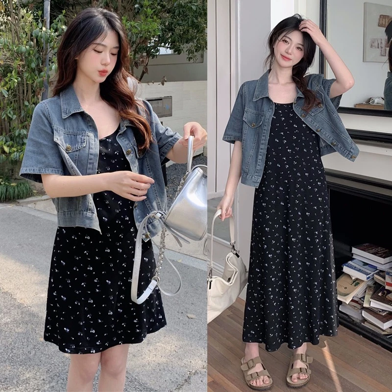 2024春夏新款大码女装胖mm软牛仔外套+吊带裙两件套