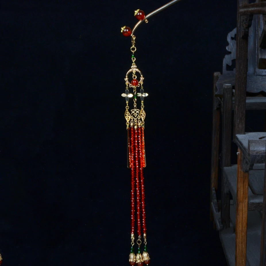 红娘司司原创汉服发饰红流苏手工头饰复古日常古典百搭长流苏发簪