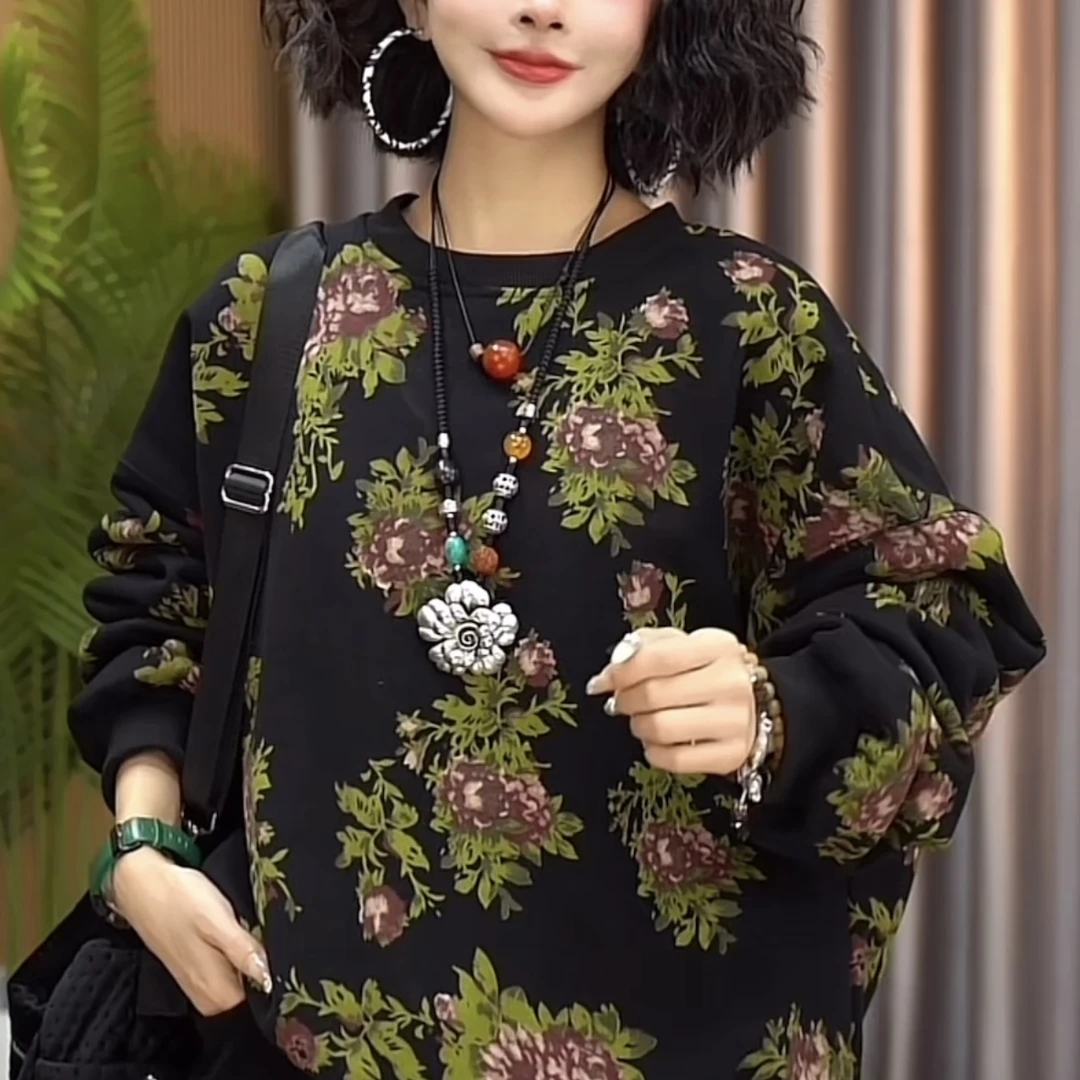 2025女款宽松休闲遮肉时尚长袖印花套头圆领保暖卫衣QW31205