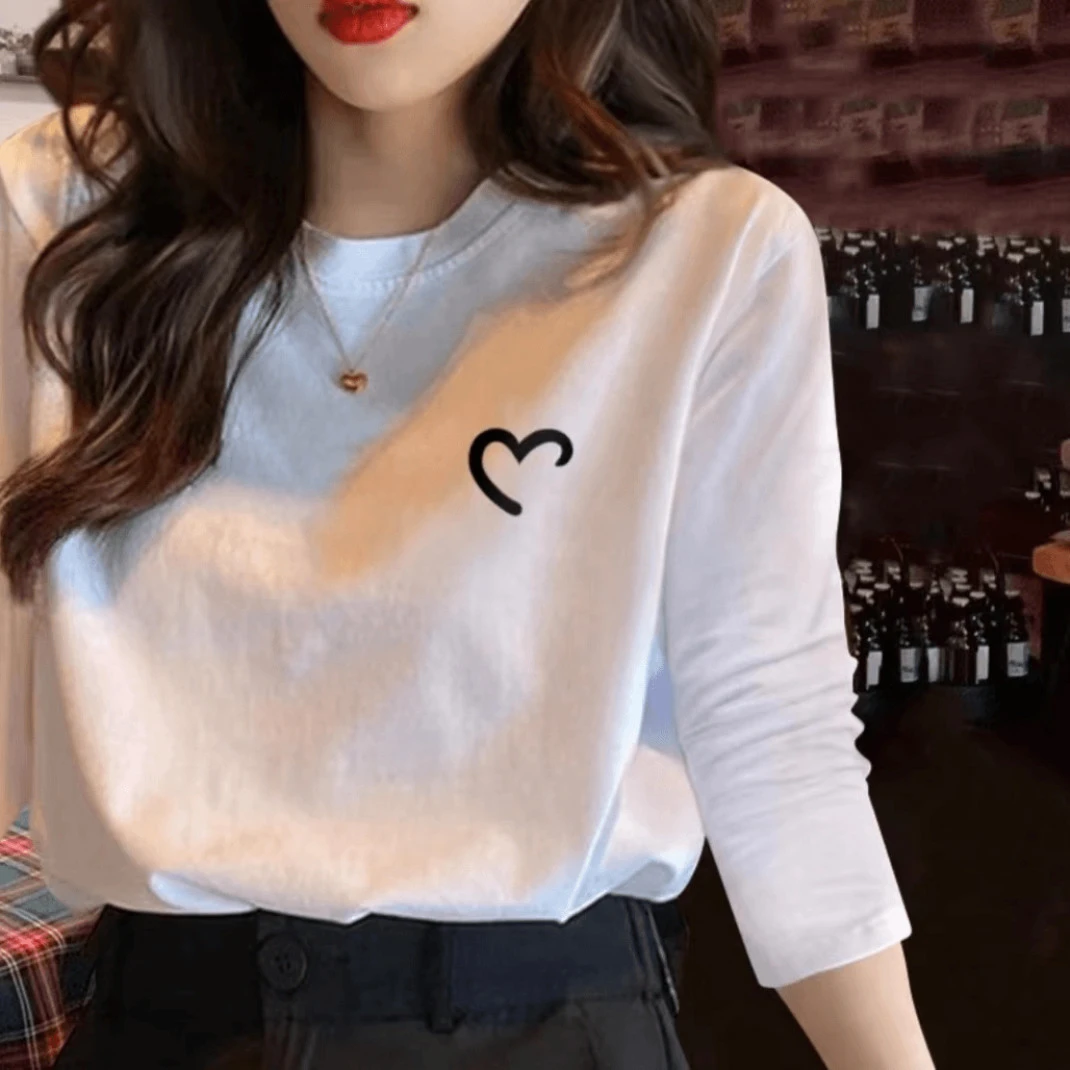 纯棉长袖秋衣男女休闲透气时尚百搭圆领印花T恤 小半心