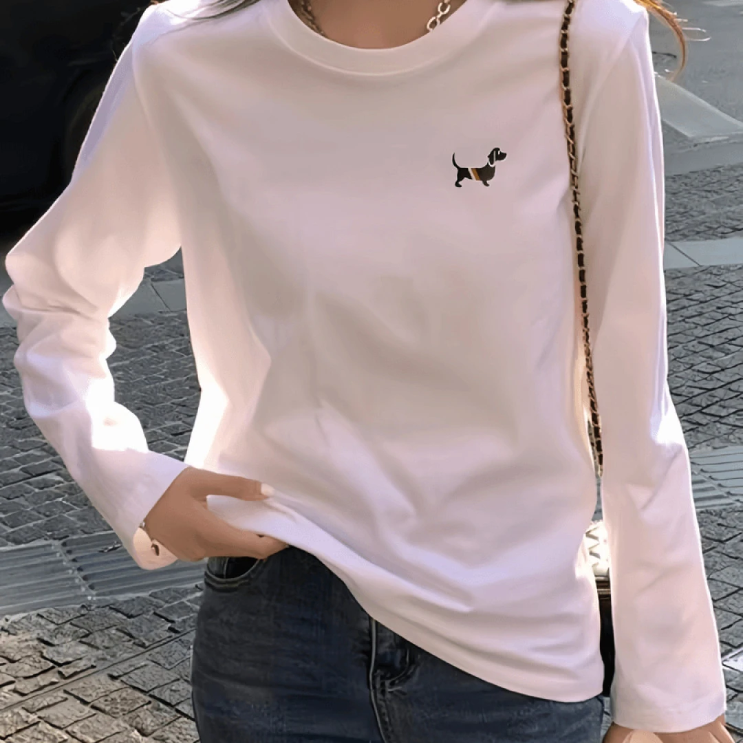 长袖春秋男女休闲透气时尚百搭圆领印花T恤 小狗