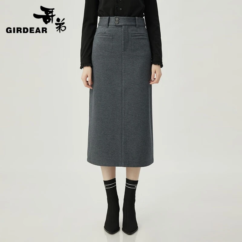 GIRDEAR/哥弟【秋冬植绒】高腰设计双口袋中长款显瘦半身裙1200369