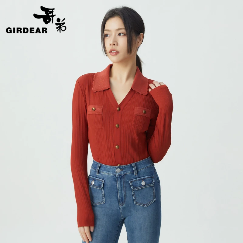 GIRDEAR/哥弟翻领收腰设计单排扣小香风职场长袖衬衫1300952